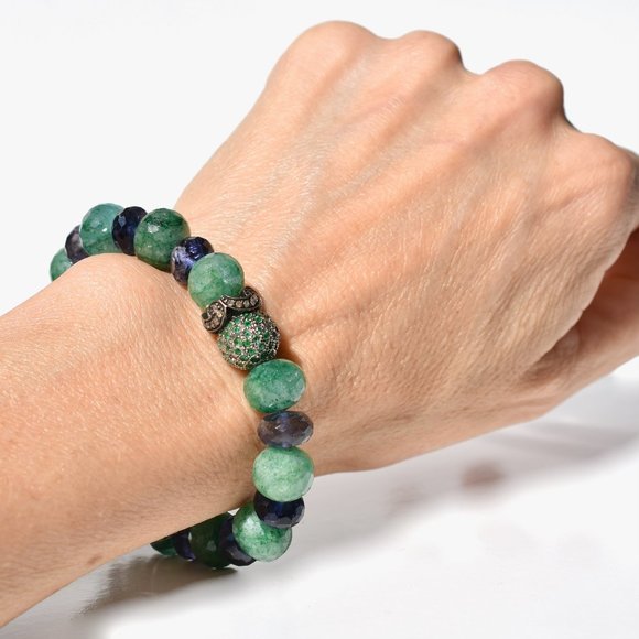 925 Sterling Silver Pave Emerald Diamond and Iolite Stretch Bracelet - Picture 3 of 4